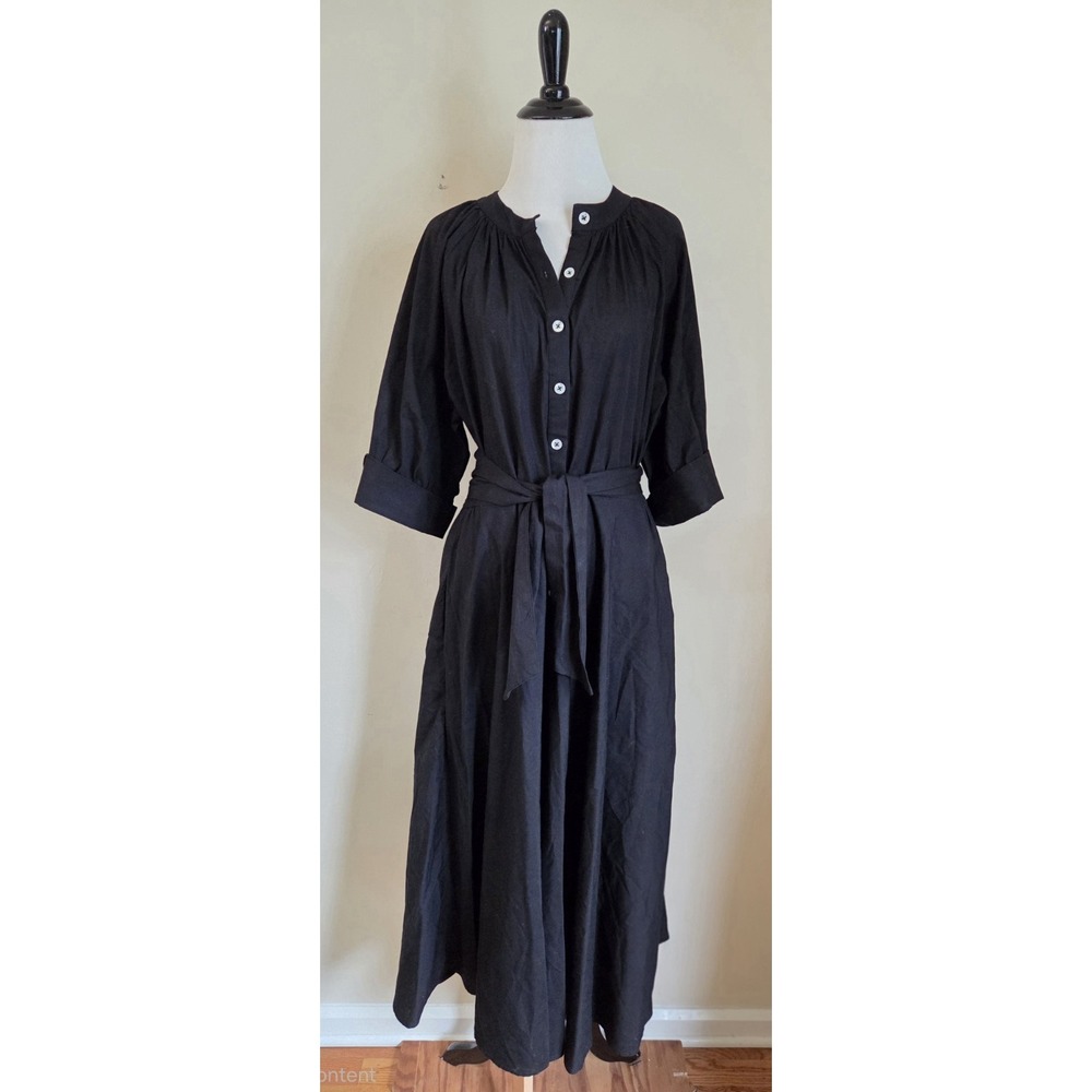 Gretchen Scott Black Cotton Shirtdress Sz M Tie Waist Shell Buttons Midi